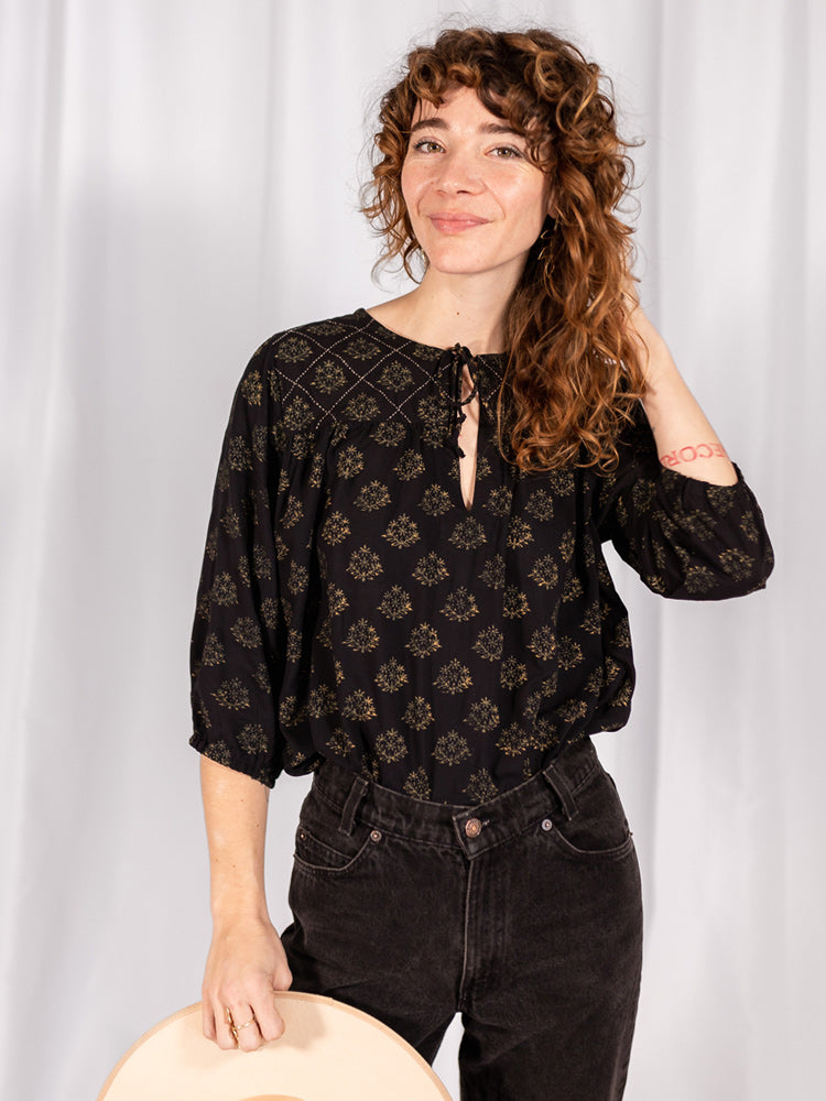 Devi Blouse - Floral Stamp Black - Image 1