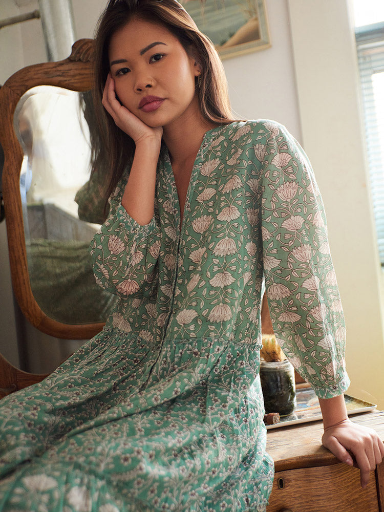 Britta Long Sleeve Tiered Dress - Aegean Teal Mix - Image 5