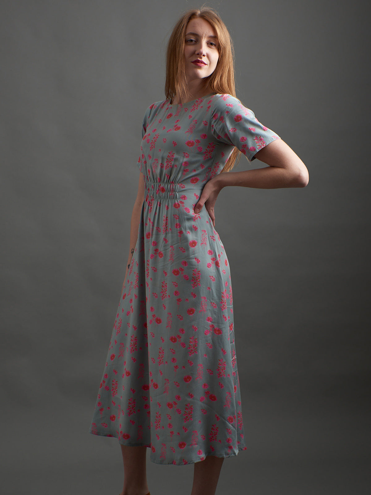 Artsy Traveler Short Sleeve Midi Dress - Botanical Slate - Image 1