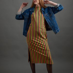 Maggie Mock Neck Dress - Navy Chartreuse Stripe - Image 1