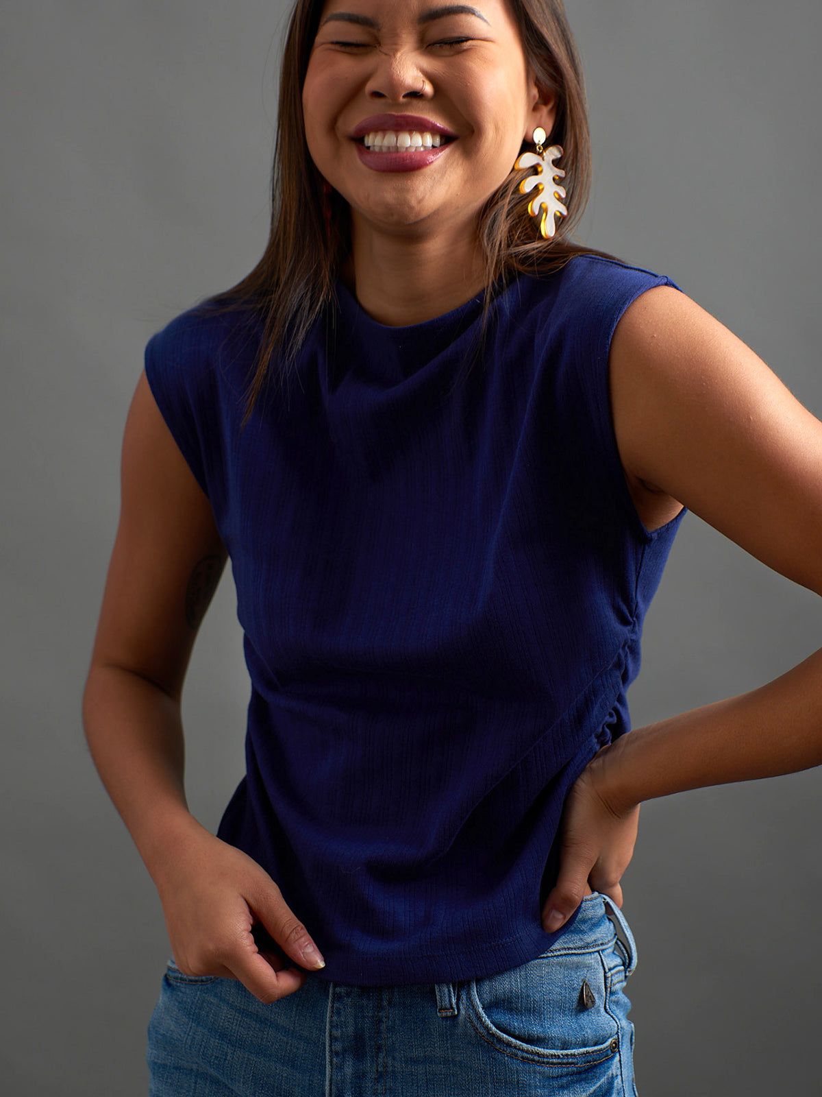 Ruched Top - Navy Rib Knit - Image 1