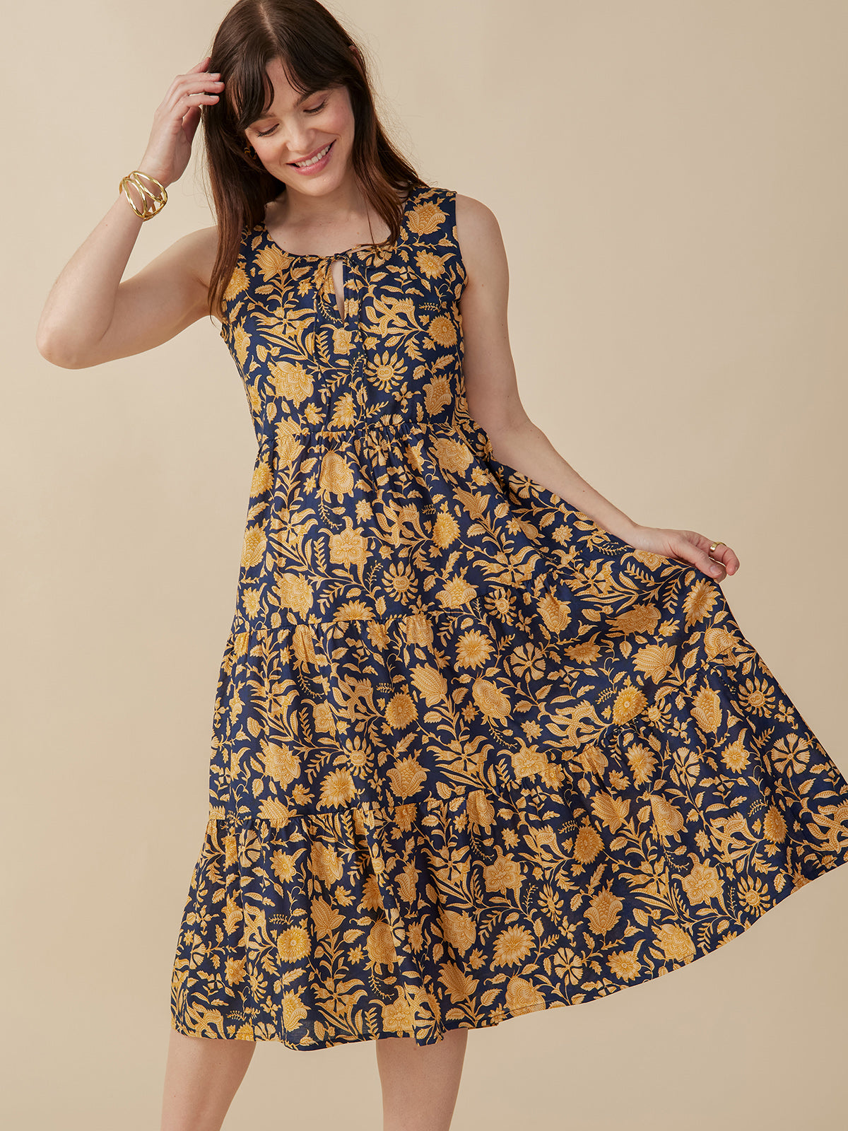 Thais Tiered Sleeveless Dress - Navy Botanical - Image 1