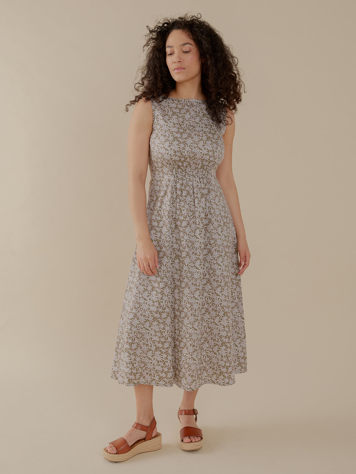 Artsy Traveler Sleeveless Midi Dress - Olive Flowers - Image 1