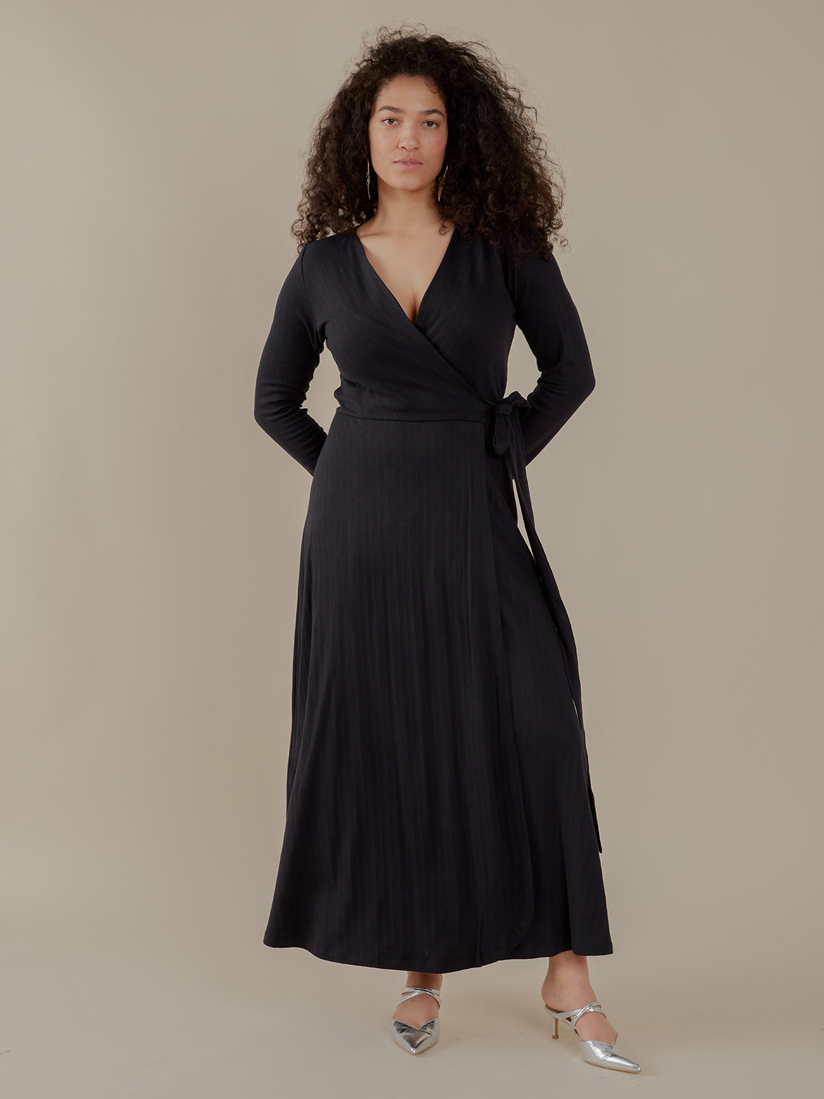 Katie Maxi Wrap Dress - Black Rib Knit - Image 2
