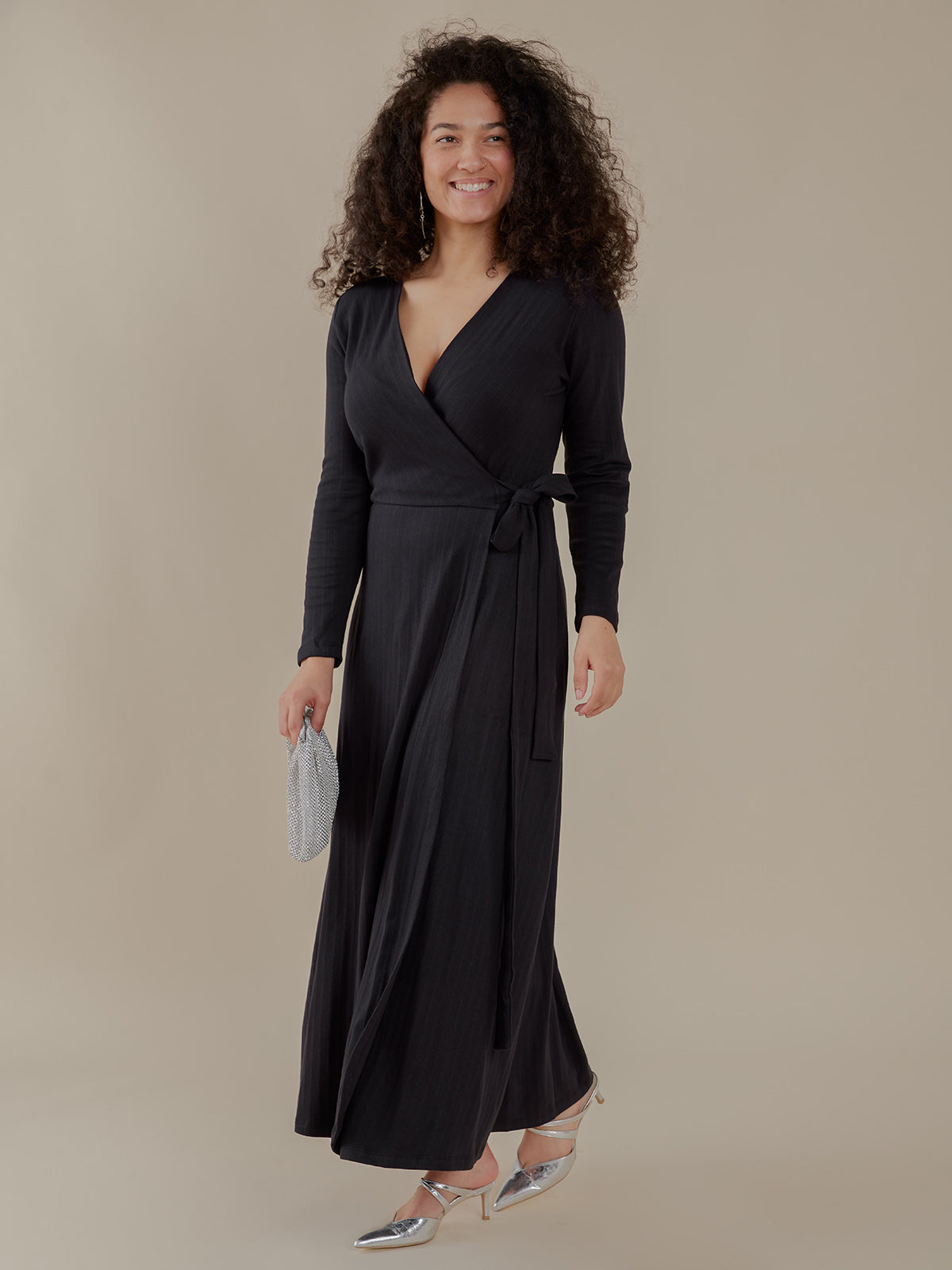 Katie Maxi Wrap Dress - Black Rib Knit - Image 1