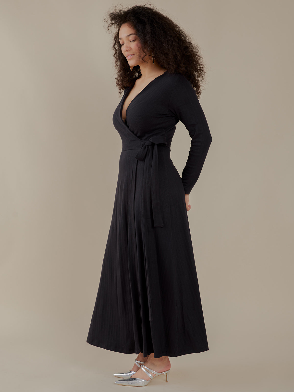 Katie Maxi Wrap Dress - Black Rib Knit - Image 4