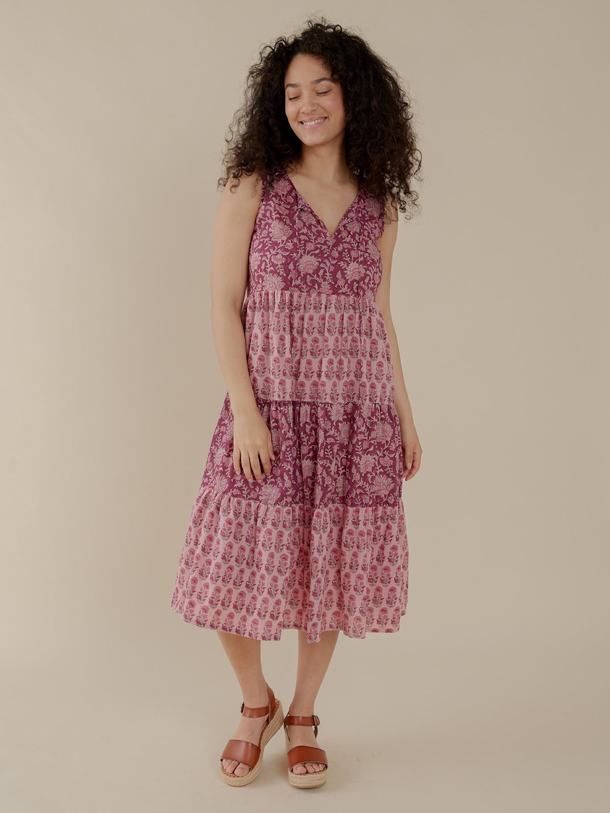 Thais Tiered Sleeveless Dress - Magenta Vine Floral - Image 1