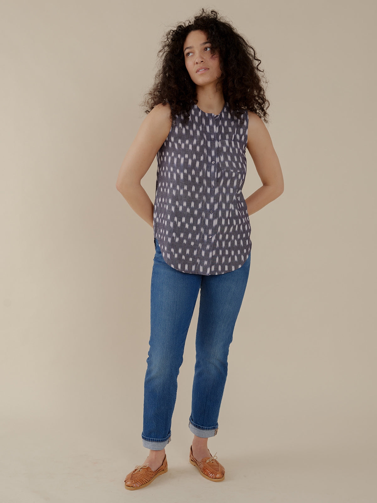 Eleni Sleeveless Tunic Top - Blue Ikat - Image 5