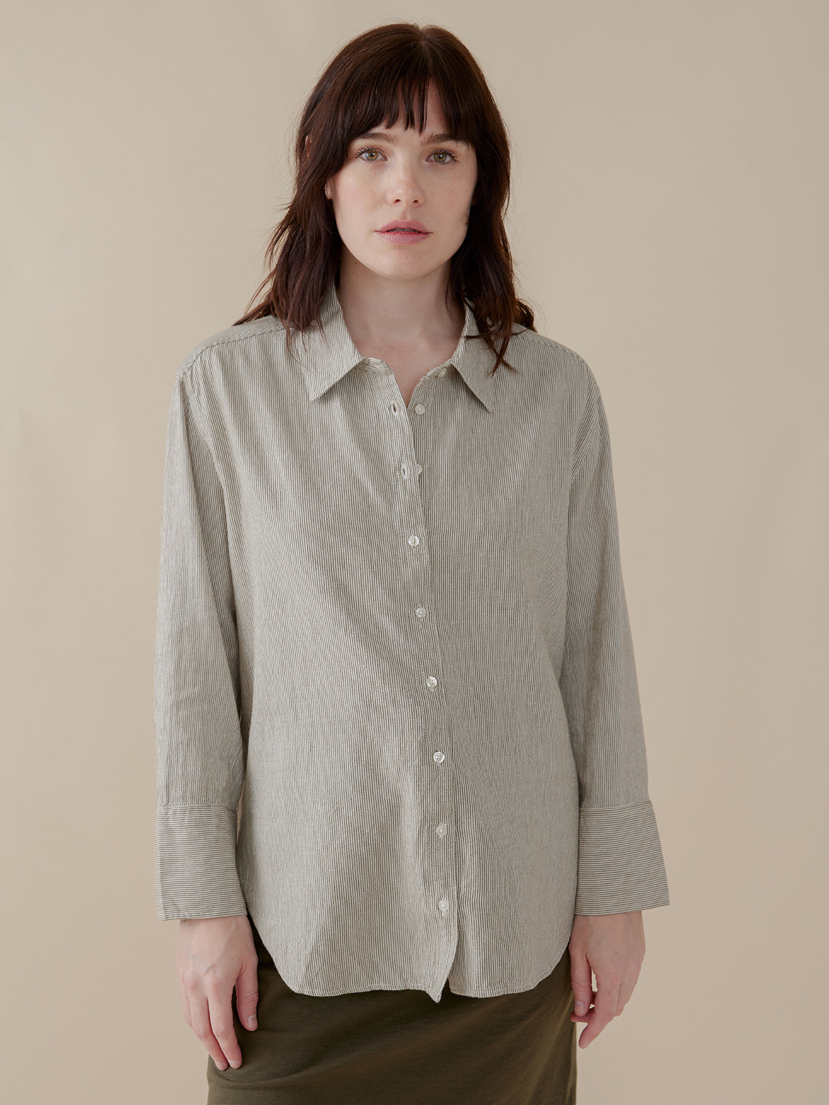 Mae Oversized Shirt - Olive Stripe - Image 7