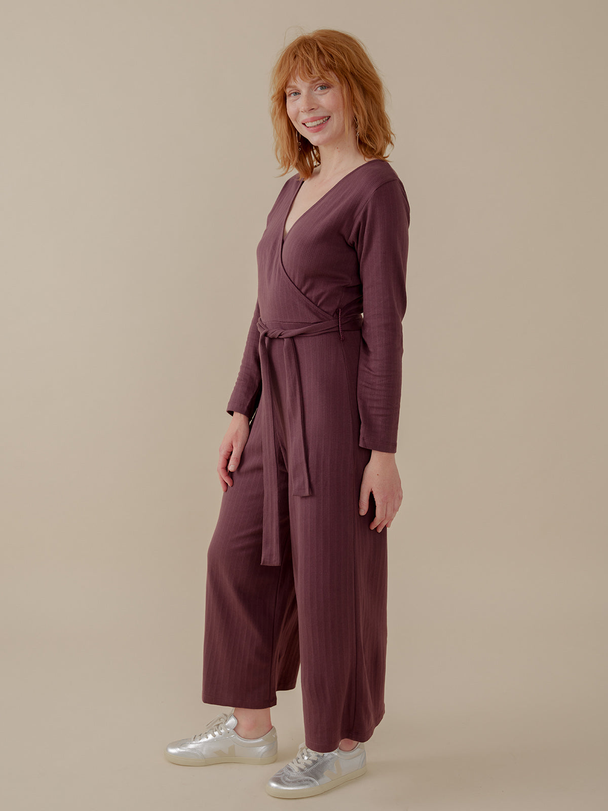 Rita Long Sleeve Jumpsuit - Eggplant Rib Knit - Image 4