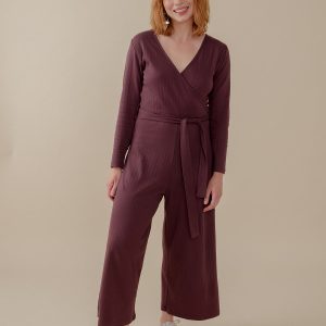 Rita Long Sleeve Jumpsuit - Eggplant Rib Knit - Image 2
