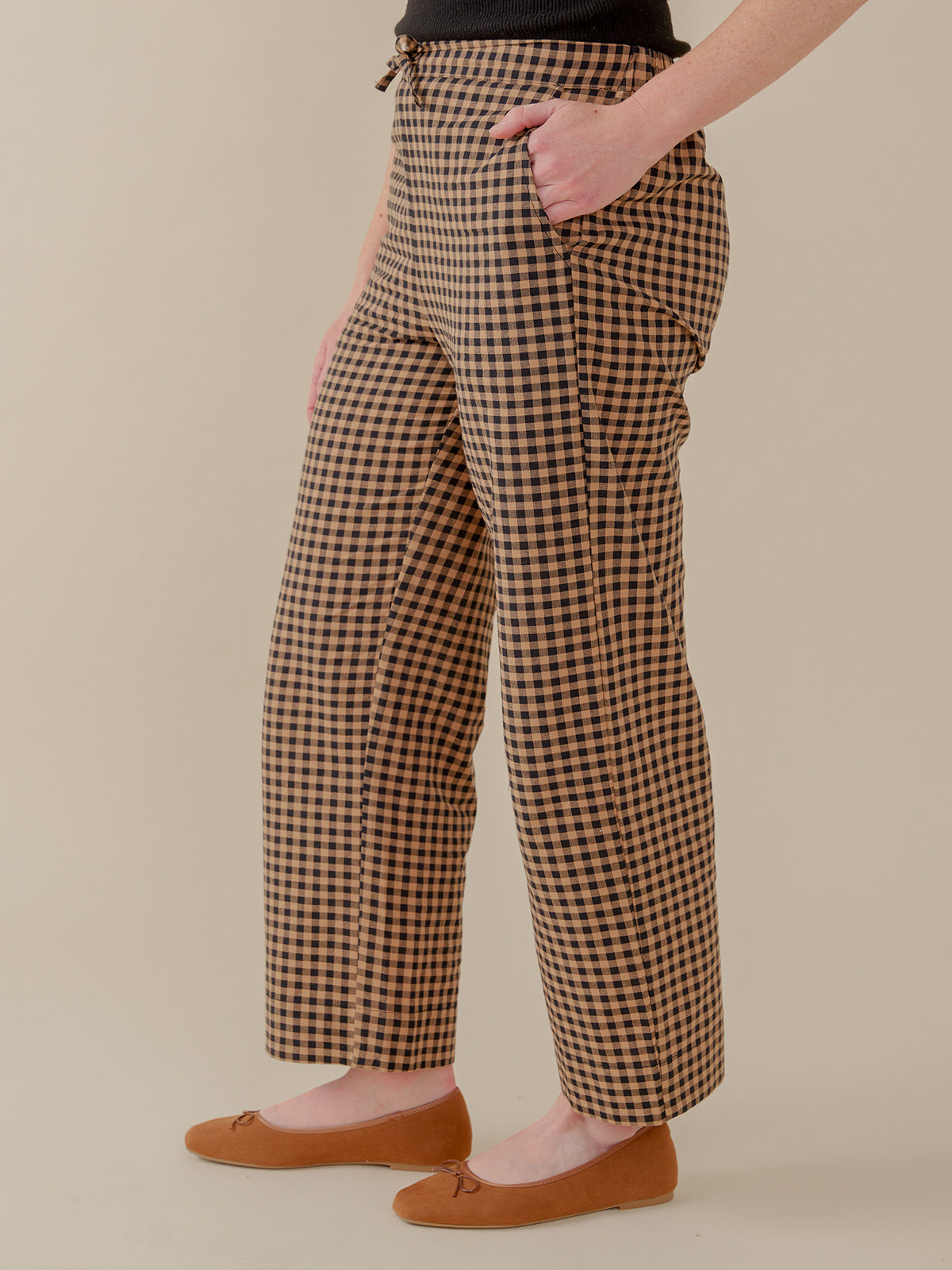 Emmy Drawstring Pant - Black and Tan Small Gingham - Image 2