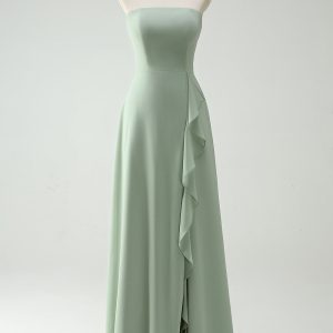 Strapless Dusty Sage Bridesmaid Dress with Ruffle Slit