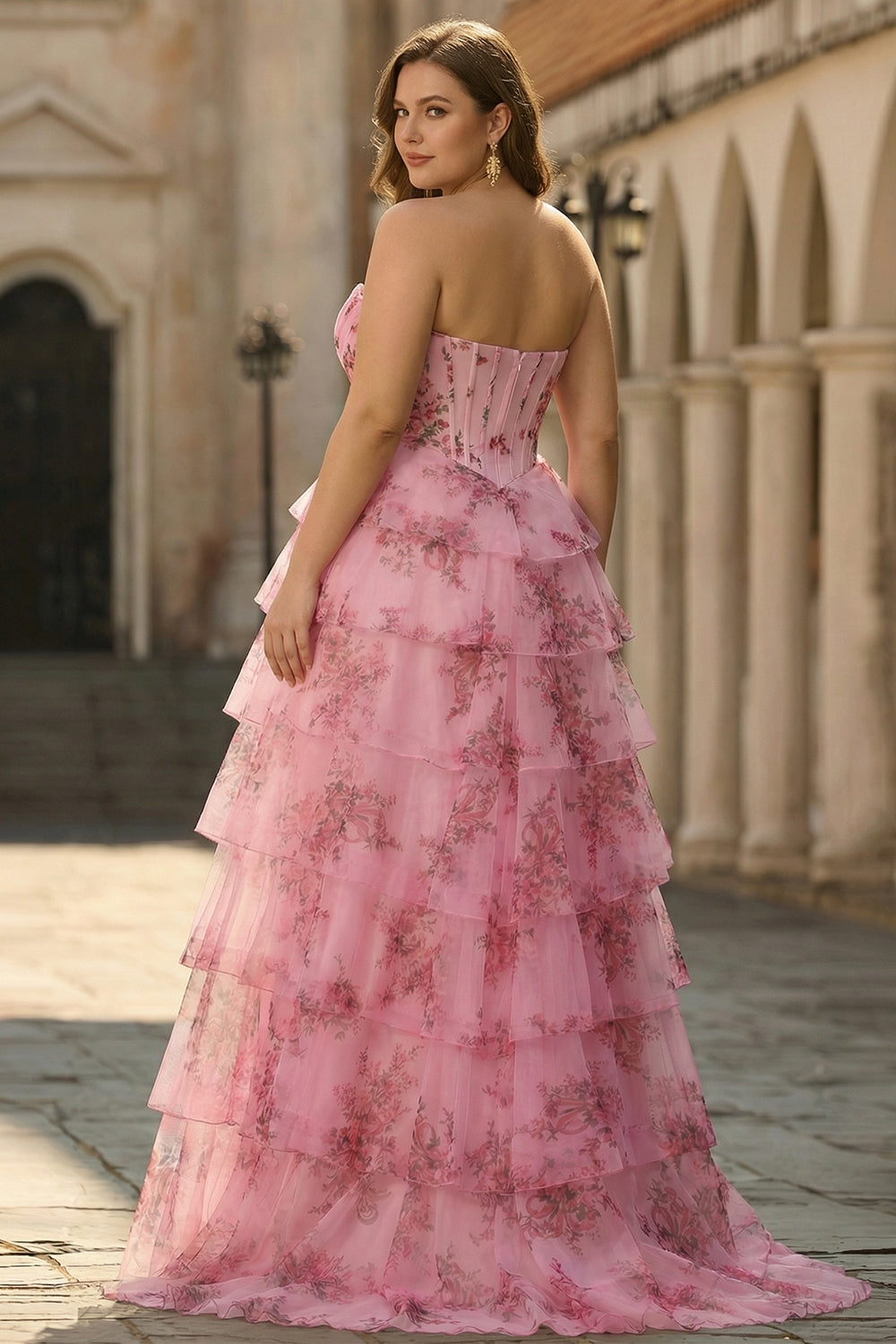 Strapless Blush Floral Corset Plus Size Tiered Prom Dress - Image 2
