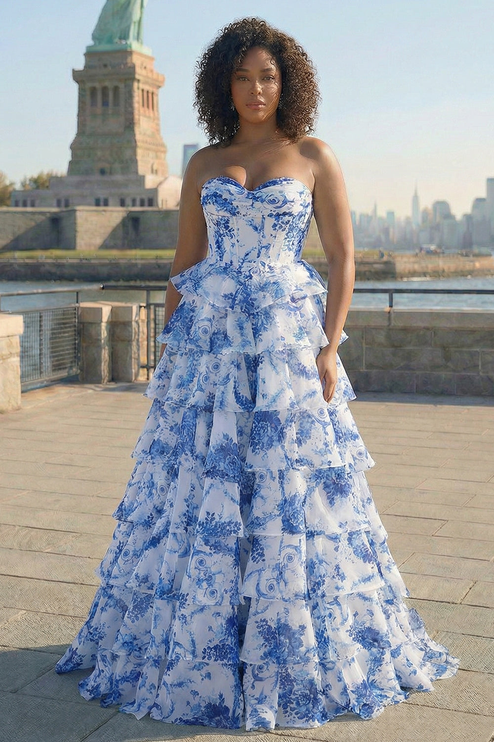 Strapless Blush Floral Corset Plus Size Tiered Prom Dress - Image 5