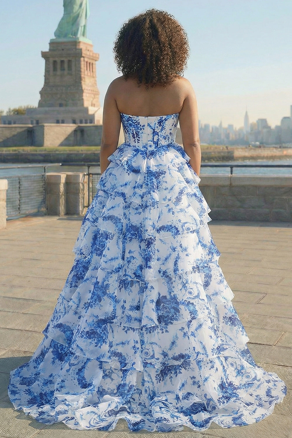 Strapless Blush Floral Corset Plus Size Tiered Prom Dress - Image 6
