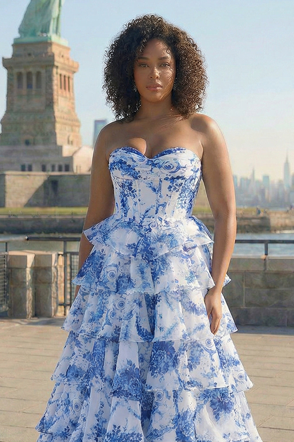 Strapless Blush Floral Corset Plus Size Tiered Prom Dress - Image 7
