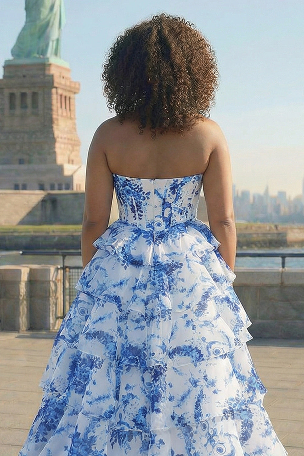 Strapless Blush Floral Corset Plus Size Tiered Prom Dress - Image 8