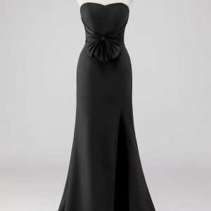 Strapless Bow Satin Mermaid Black Tie Dress with Slit