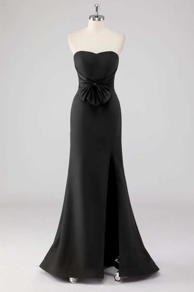 Strapless Bow Satin Mermaid Black Tie Dress with Slit