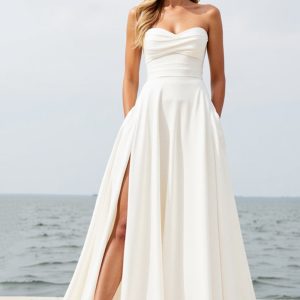 Strapless Ivory A Line Wedding Dress with Slit