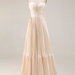 Strapless Champagne Pleated A-Line Wedding Guest Dress