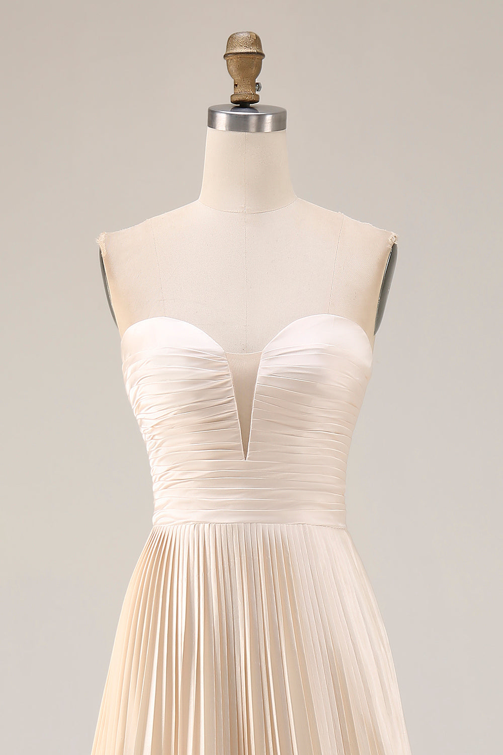 Strapless Champagne Pleated A-Line Wedding Guest Dress - Image 4