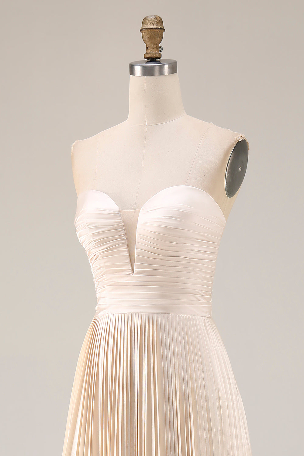 Strapless Champagne Pleated A-Line Wedding Guest Dress - Image 6