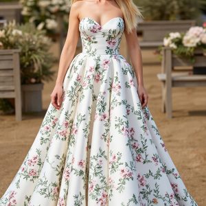 Strapless Floral A Line White Wedding Dress