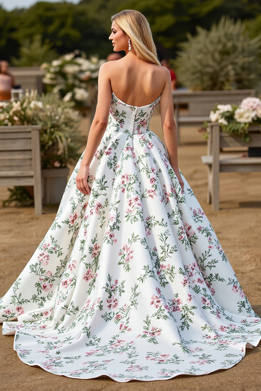 Strapless Floral A Line White Wedding Dress - Image 2