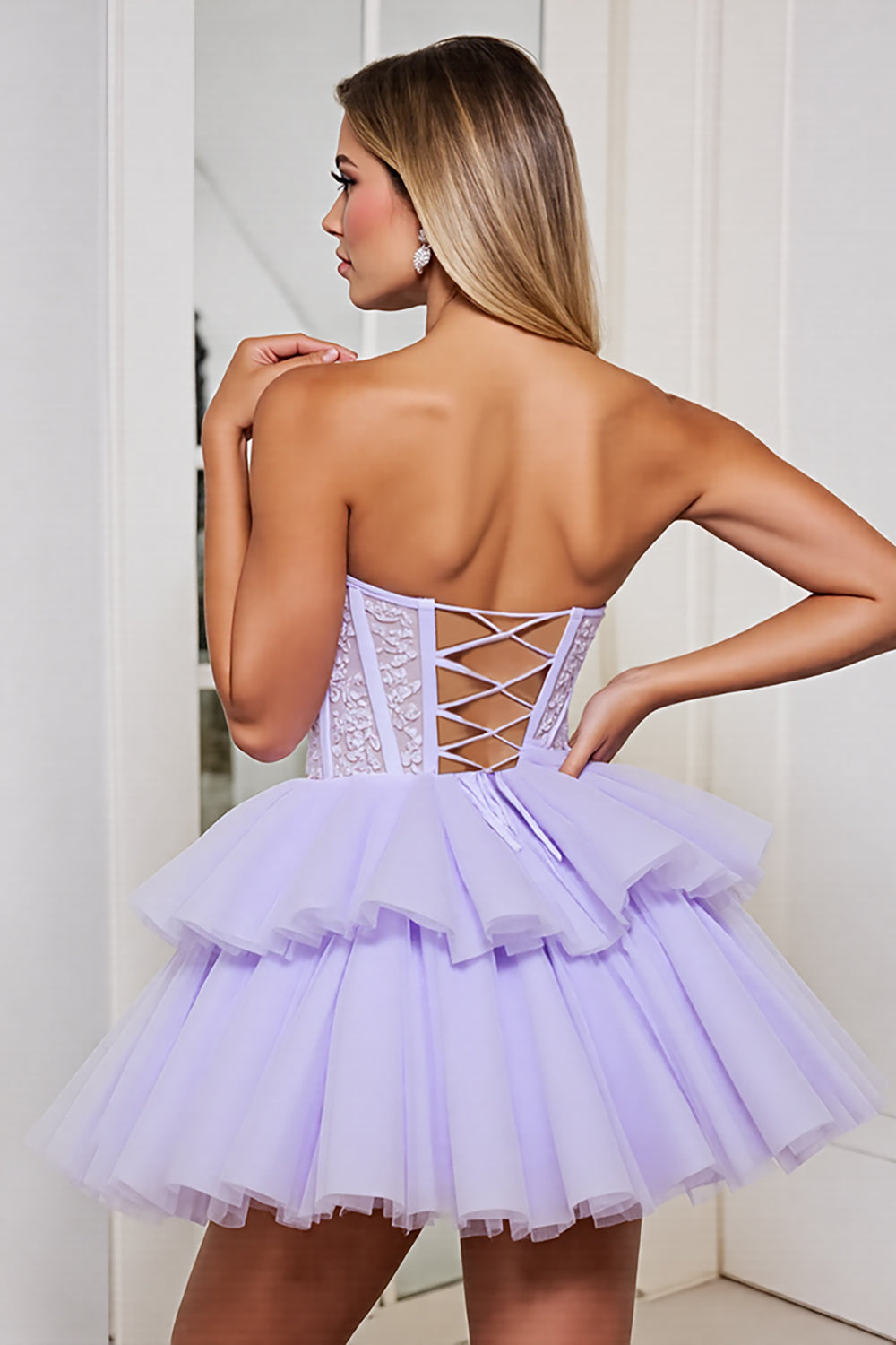 Strapless Corset Purple Appliqued Homecoming Dress - Image 2