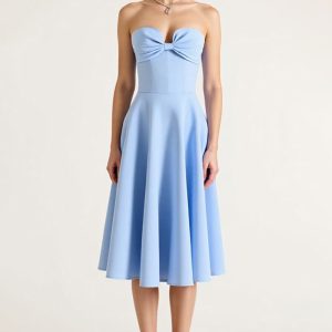 Strapless Blue A Line Midi Graduation Dress