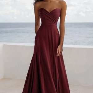 Strapless Burgundy A Line Ruched Formal Dress