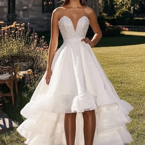 Strapless High Low White Wedding Dress with Appliques
