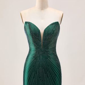 Strapless Bodycon Beaded Dark Green Homecoming Dress With Slit