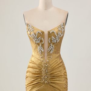 Strapless Golden Bodycon Homecoming Dress With Appliques