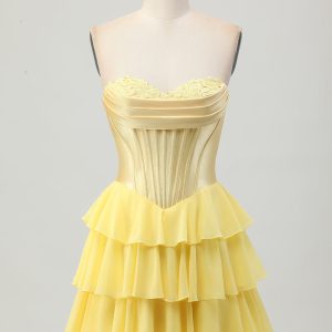 Strapless Corset A Line Tiered Yellow Homecoming Dress