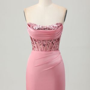 Strapless Corset Bodycon Blush Homecoming Dress with Sequins