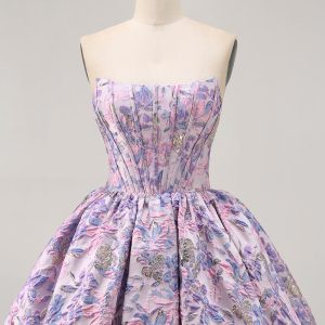 Strapless Floral Brocade Corset A Line Purple Homecoming Dress