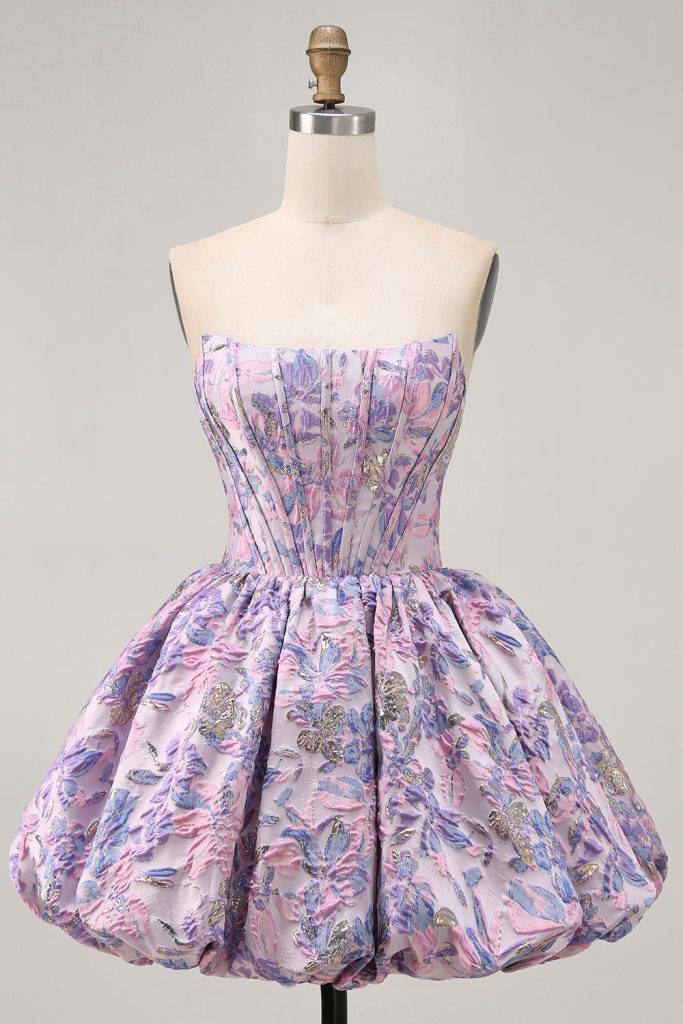 Strapless Floral Brocade Corset A Line Purple Homecoming Dress