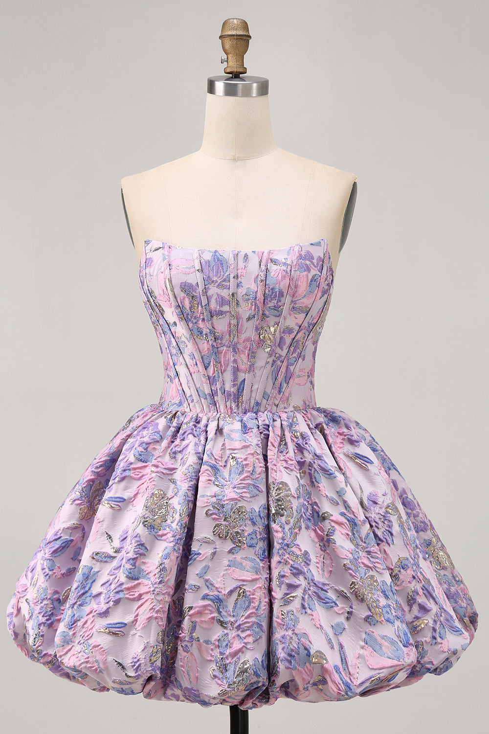 Strapless Floral Brocade Corset A Line Purple Homecoming Dress