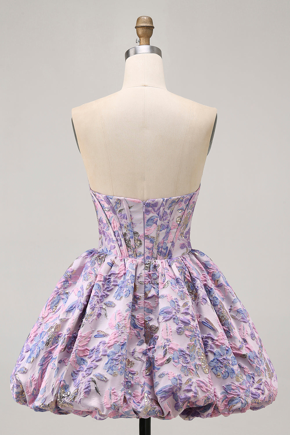 Strapless Floral Brocade Corset A Line Purple Homecoming Dress - Image 2