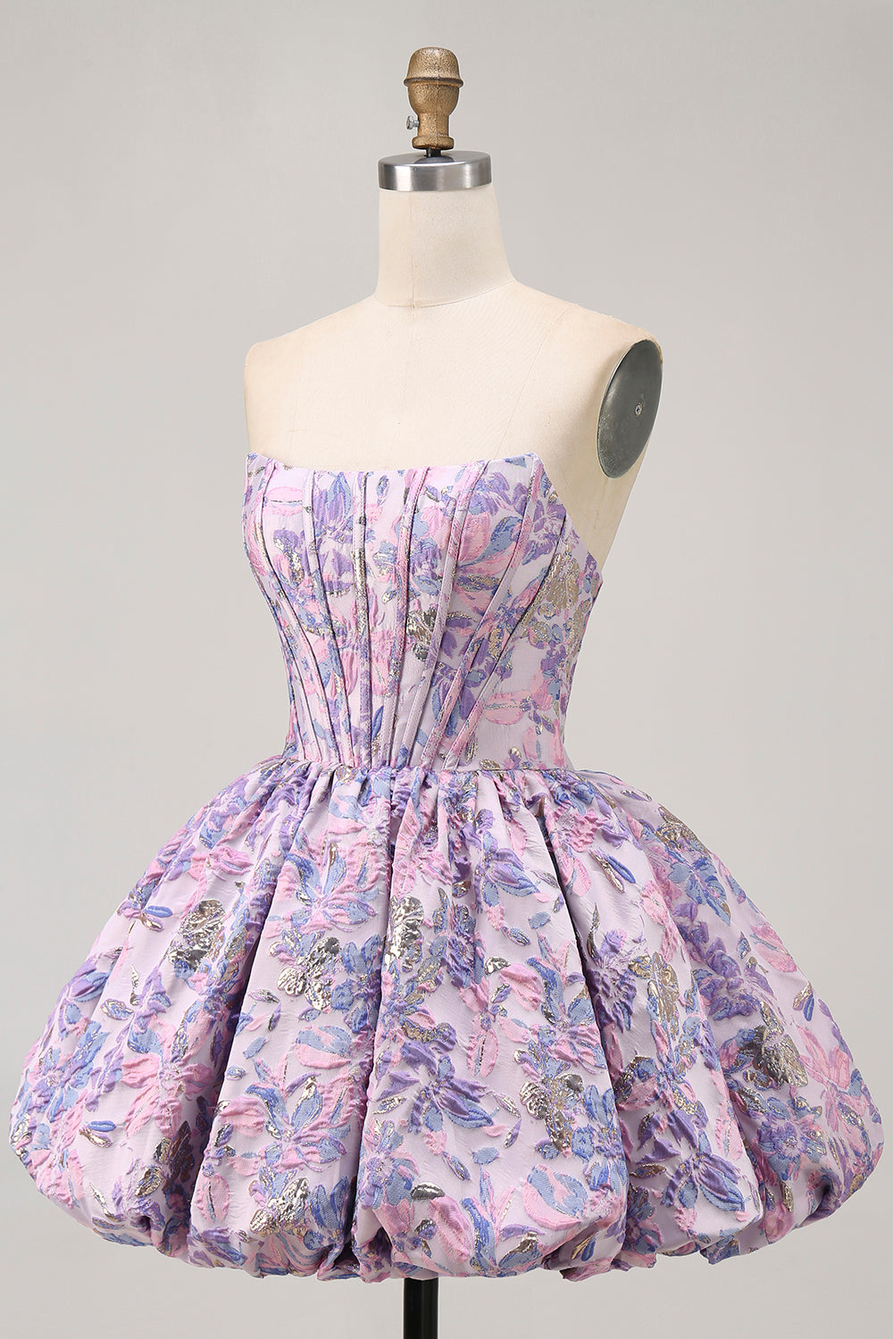 Strapless Floral Brocade Corset A Line Purple Homecoming Dress - Image 3