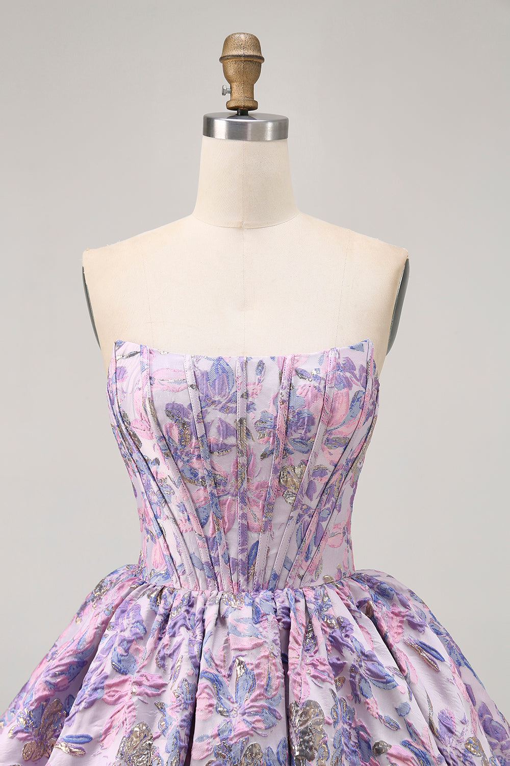 Strapless Floral Brocade Corset A Line Purple Homecoming Dress - Image 4