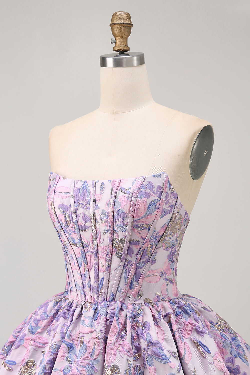 Strapless Floral Brocade Corset A Line Purple Homecoming Dress - Image 6