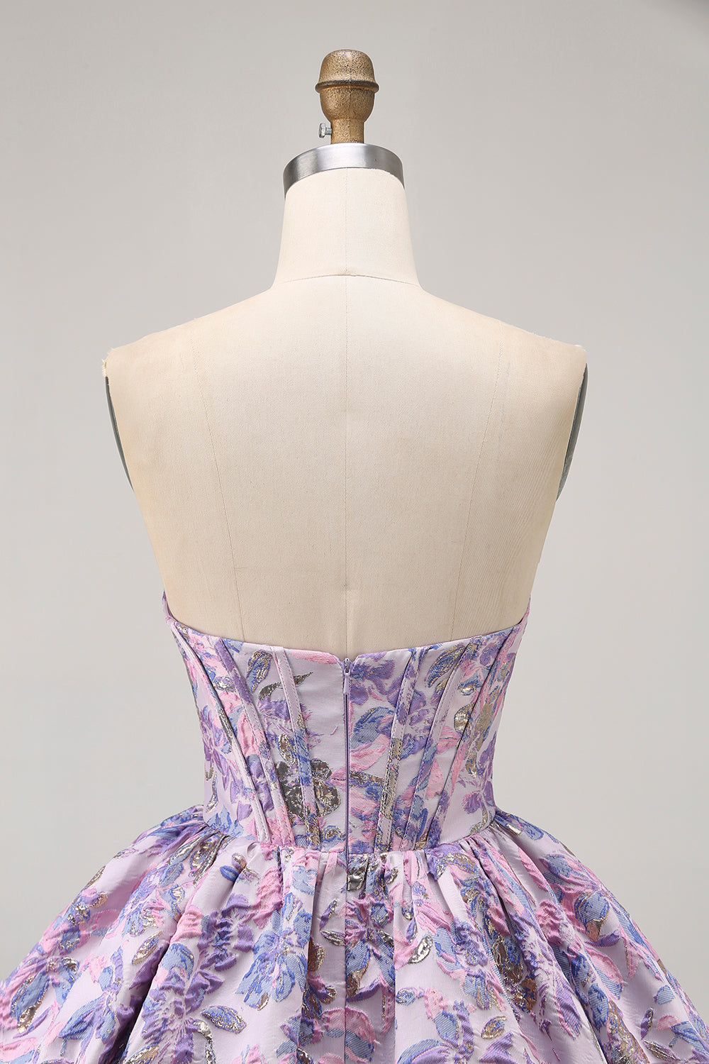 Strapless Floral Brocade Corset A Line Purple Homecoming Dress - Image 5