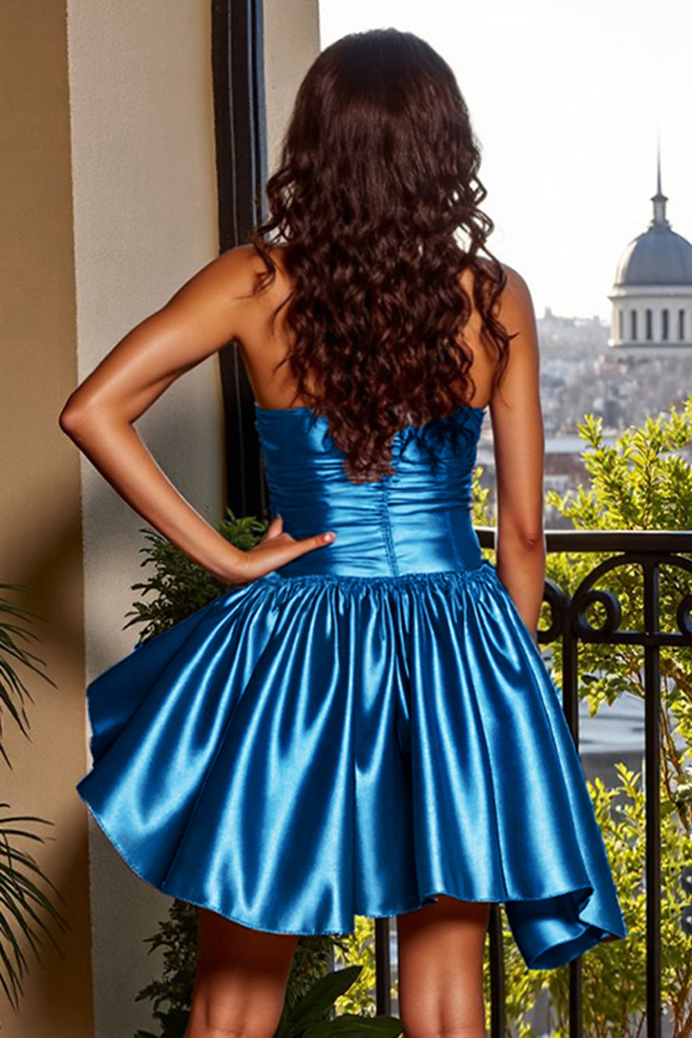 Strapless Blue Satin A Line Homecoming Dress - Image 4
