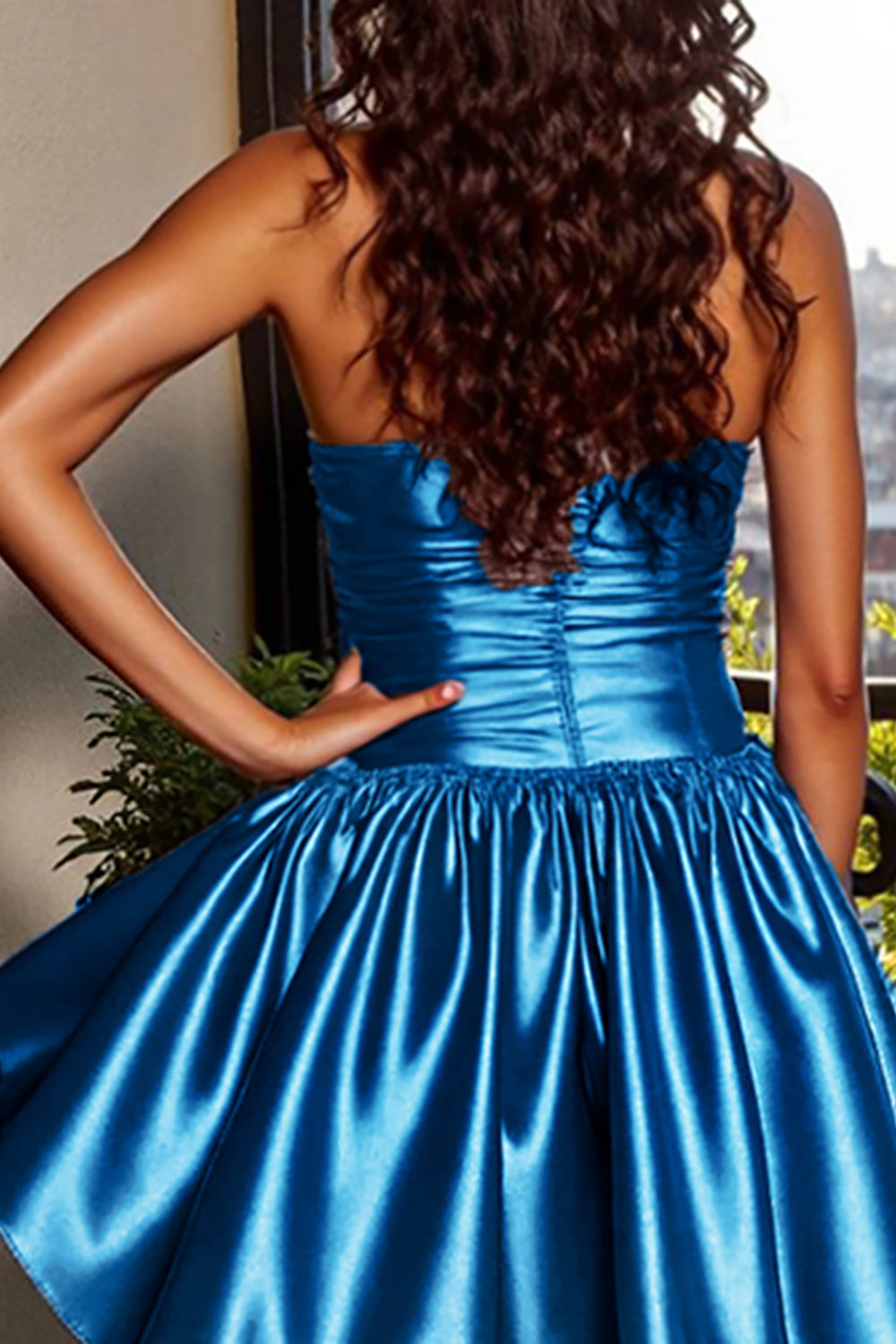 Strapless Blue Satin A Line Homecoming Dress - Image 6