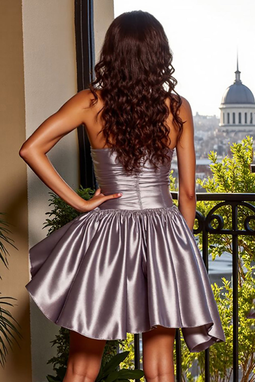 Strapless Blue Satin A Line Homecoming Dress - Image 10