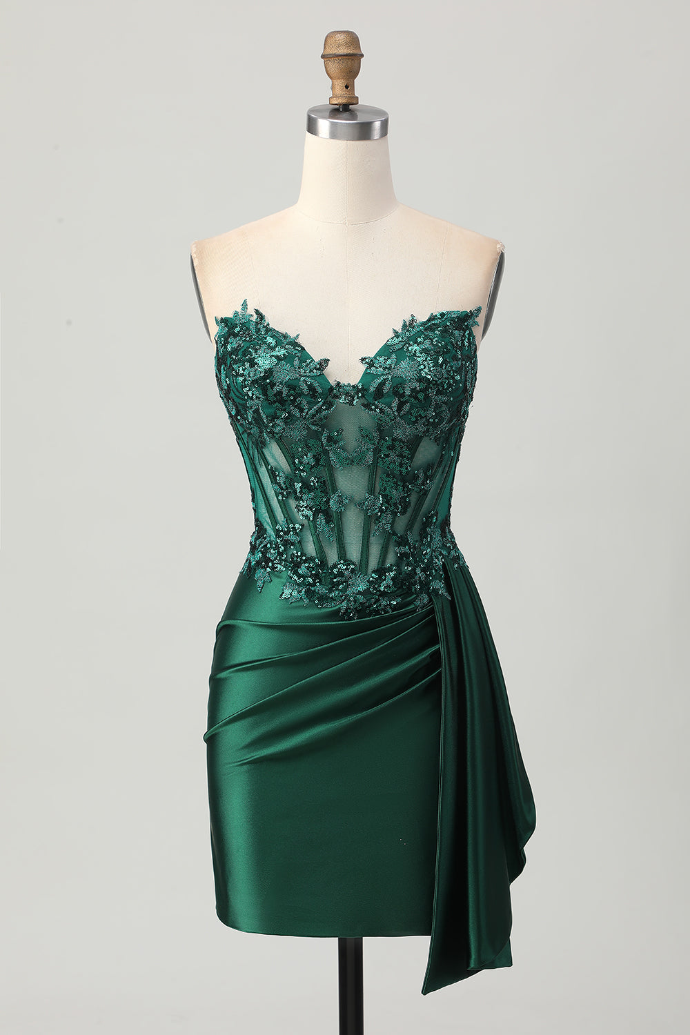 Strapless Bodycon Corset Appliqued Dark Green Homecoming Dress With Sash - Image 3